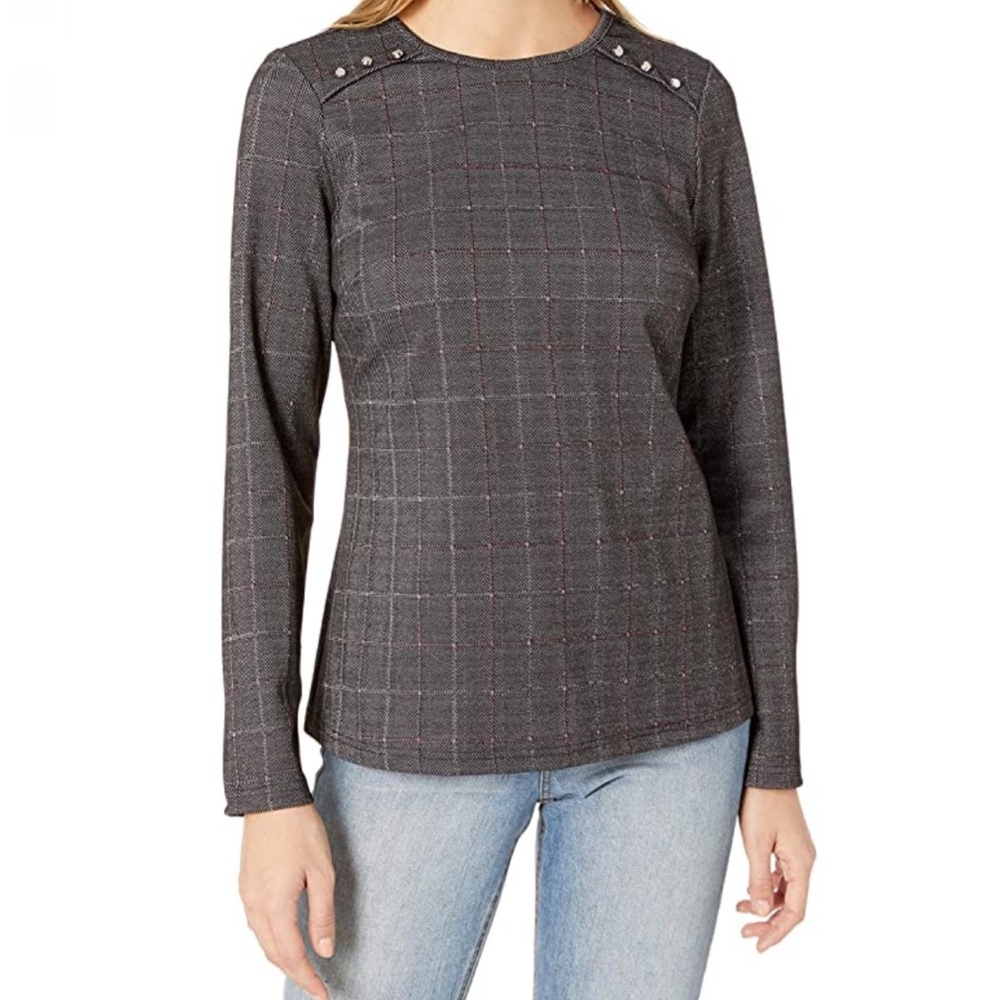 Nanette Lepore Top Long Sleeve Crew Neck Shoulder Button Detail Plaid Top Small